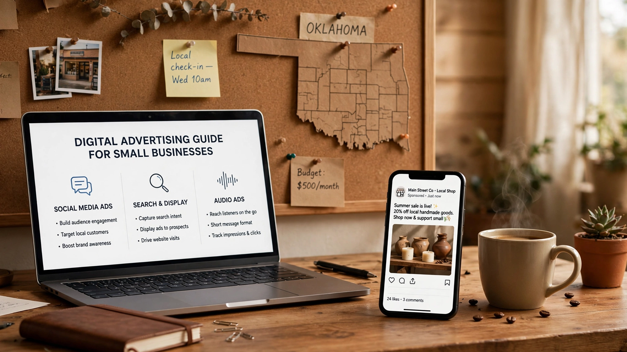 Digital advertising options: laptop showing digital publication, smartphone with social media, and audio waveforms