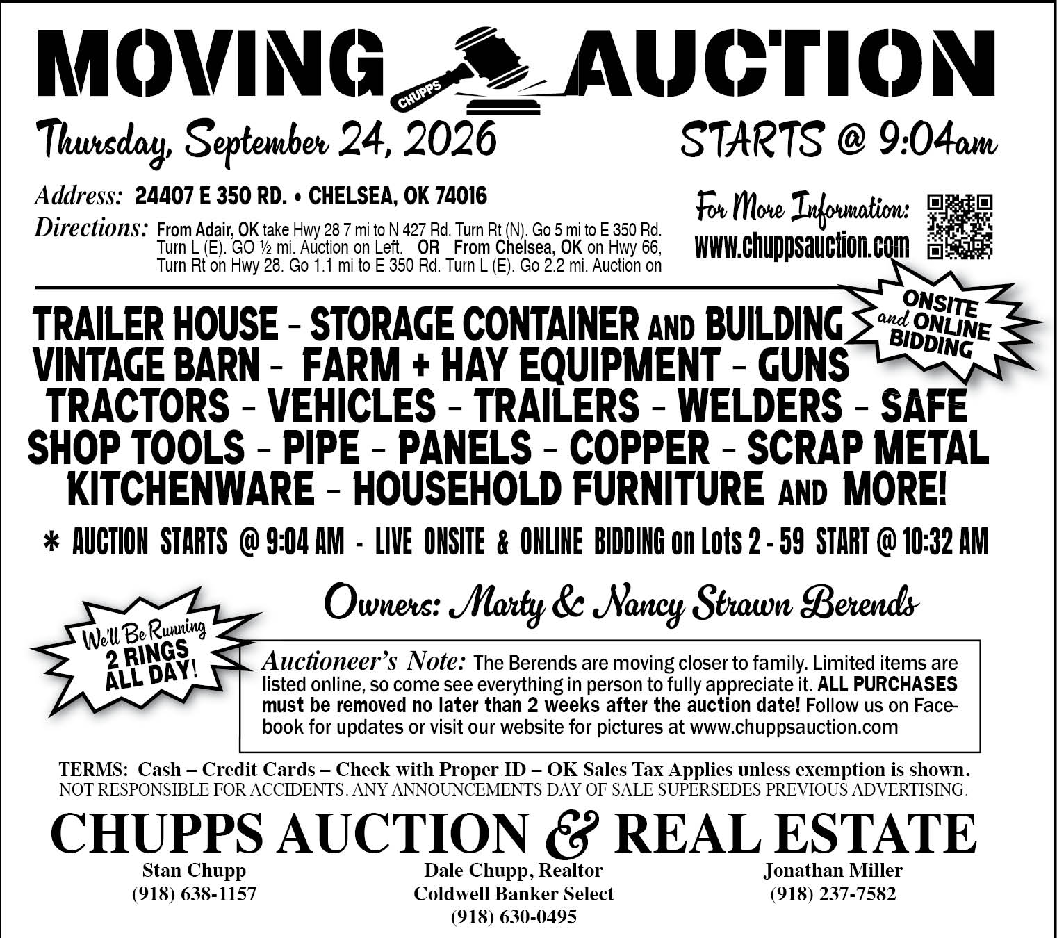 Chupps moving auction for Marty and Nancy Strawn Berends, September 24, 2026 at 9:04 a.m., 24407 E 350 Rd., Chelsea, Oklahoma. Farm and hay equipment, tractors, vehicles, trailers, buildings, guns, shop tools and household items. Live onsite and online bidding on lots 2–59 begins at 10:32 a.m. Call 918-638-1157.
