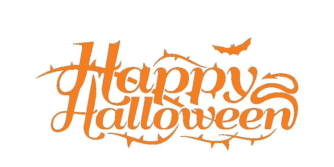 Happy Halloween in orange spooky lettering with a bat