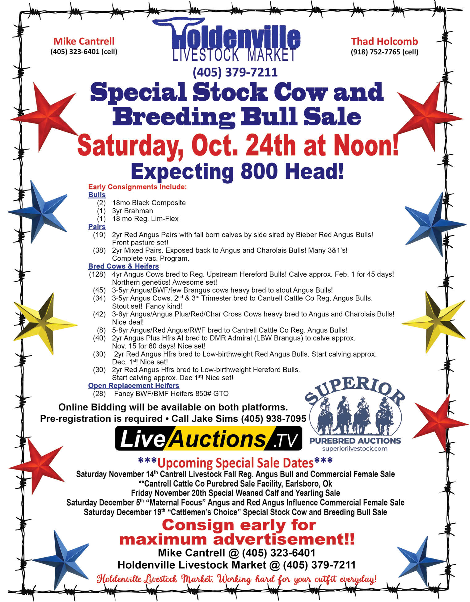 Holdenville Livestock Market. Special Stock Cow and Breeding Bull Sale, Saturday, October 24 at noon. Expecting 800 head. Online bidding available with pre-registration.