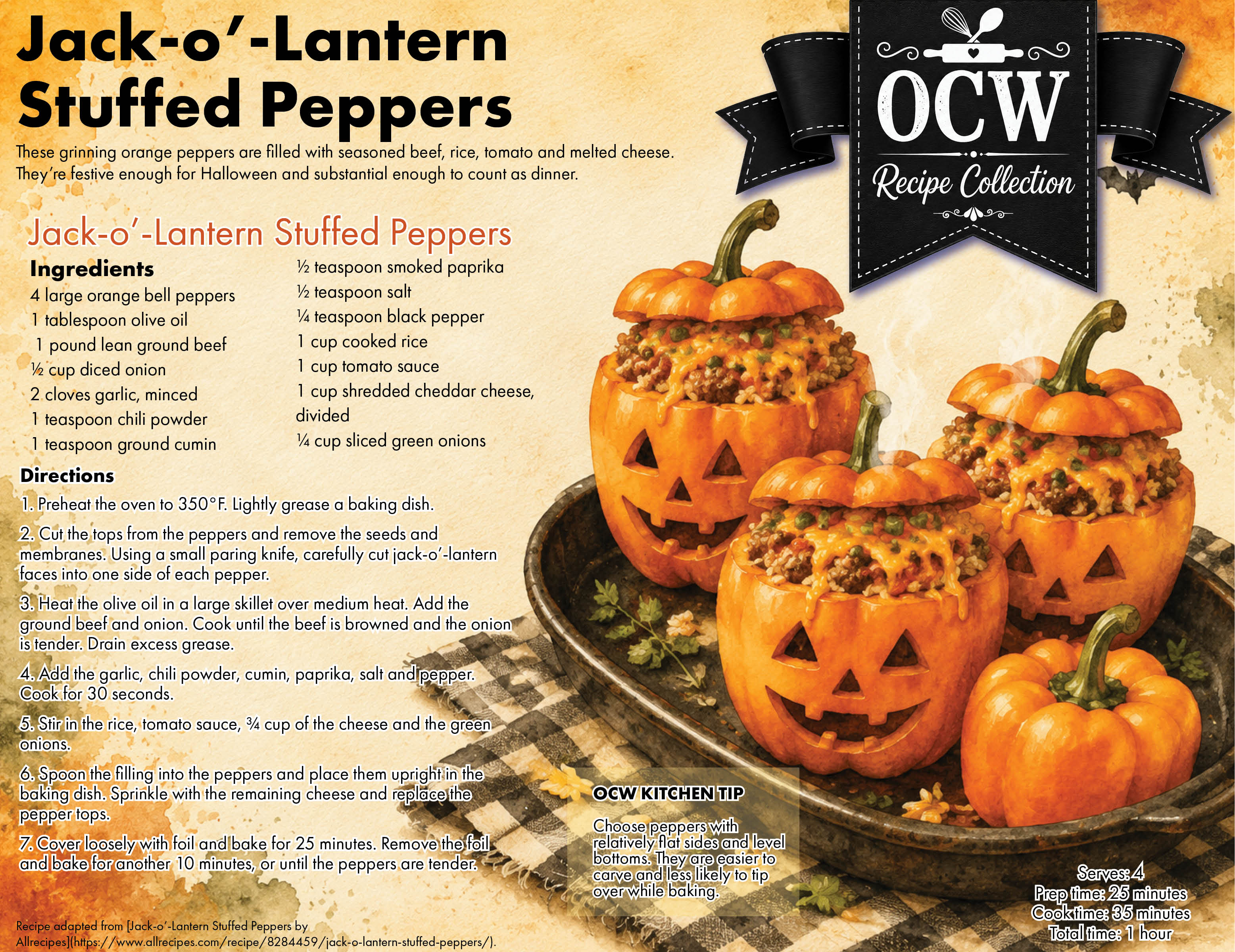 Jack-O'-Lantern Stuffed Peppers recipe from the OCW Recipe Collection