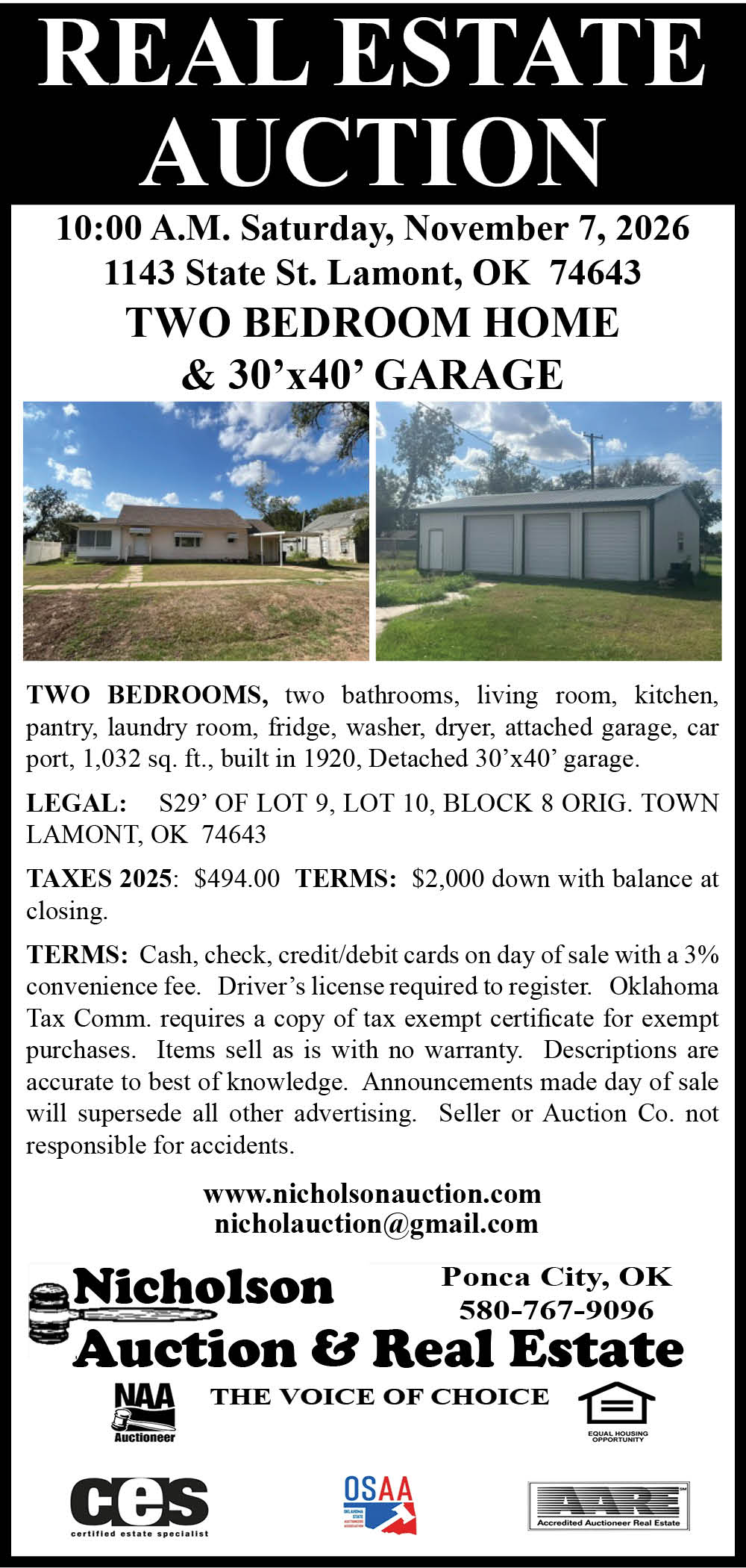 Real estate auction flyer from Nicholson Auction and Real Estate. Two bedroom home and 30 by 40 foot garage at 1143 State Street, Lamont, Oklahoma 74643. Auction Saturday, November 7, 2026 at 10:00 AM. Home has two bedrooms, two bathrooms, 1,032 square feet, built in 1920. Contact 580-767-9096 or nicholsonauction.com.